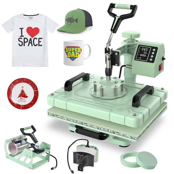 SEEUTEK Saiose Upgraded 5 in 1 Green T-Shirt Heat Press Machine 12x15 Inch, 360° Swing Away Digital Heat Transfer