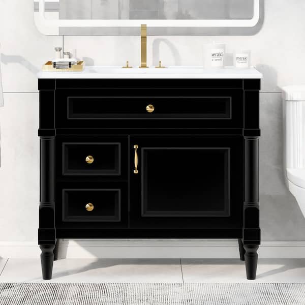 36 in. Freestanding Black Solid Wood Frame Bath Vanity with White Ceramic Top, Adjustable Shelf and Metal Handles