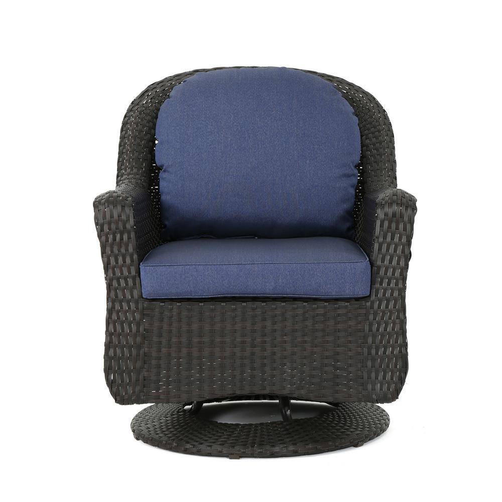 AUTMOON Dark Brown Wicker IronFramed Swivel Outdoor Lounge Chair with Navy Blue Cushions (2