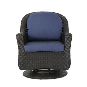 Dark Brown Wicker Iron-Framed Swivel Outdoor Lounge Chair with Navy Blue Cushions (2-Pack)