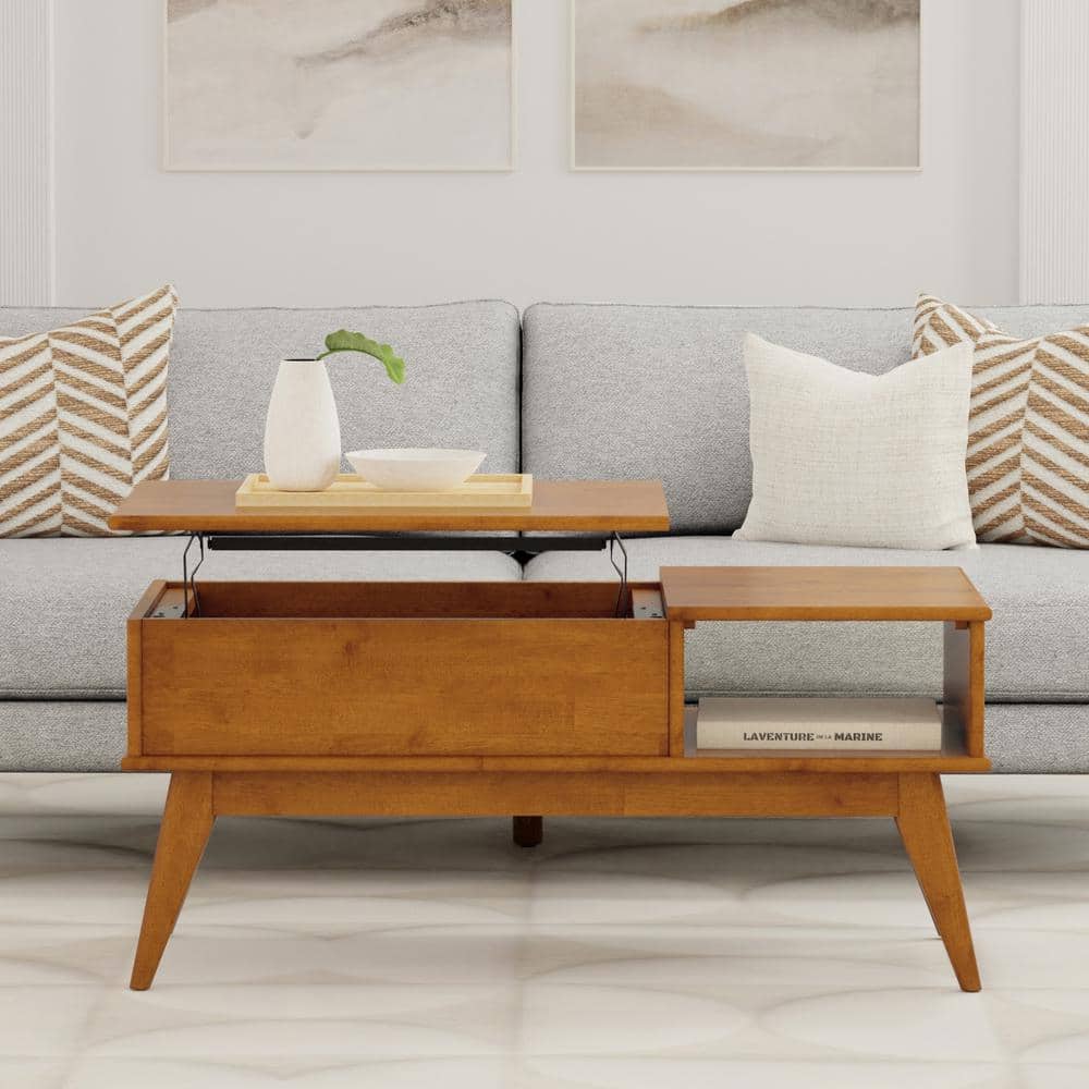 Teak Brown Mid-Century Modern Lift-Top Coffee Table with Storage