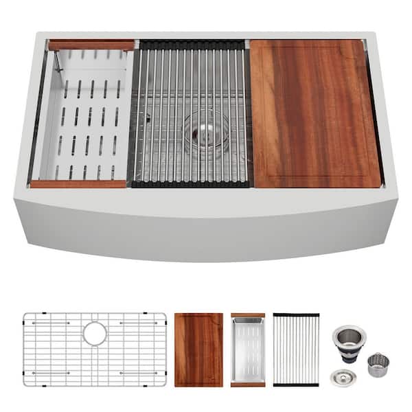 30 in. Farmhouse Single Bowl 16 Gauge Brushed Nickel Stainless Steel Kitchen Sink with Workstation Accessories Bundle