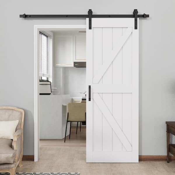 30 in. W. x 84 in. White Primed MDF K-Shape Interior Barn Door Slab with Hardware Kit and Soft Close
