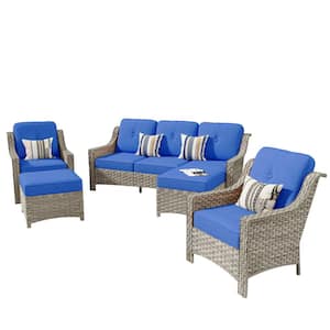 Freddie 5-Piece Wicker Outdoor Patio Conversation Seating Sofa Set with Navy Blue Cushions