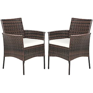 2-Pieces Wicker Outdoor Dining Chair with Removable Off White Cushions Ergonomic Design
