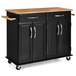 4-Door Black Rolling Kitchen Island Cart Buffet Cabinet with Towel Racks Drawers