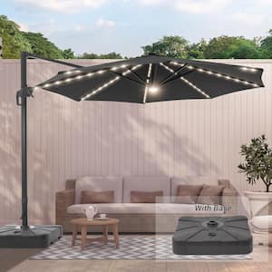 11 ft. Solar LED Aluminum Cantilever Patio Umbrella with a Base/Stand, Offset Hanging 360-Degree Rotation in Black