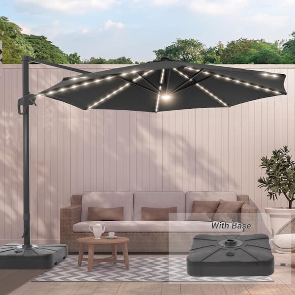 11 ft. Solar LED Aluminum Cantilever Patio Umbrella with a Base/Stand, Offset Hanging 360-Degree Rotation in Black