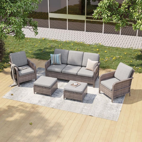 Sonkuki 5-Piece Gray Wicker Patio Sofa Set Outdoor Conversation Set with 3-Seat Sofa Ottomans, Linen Grey Cushions