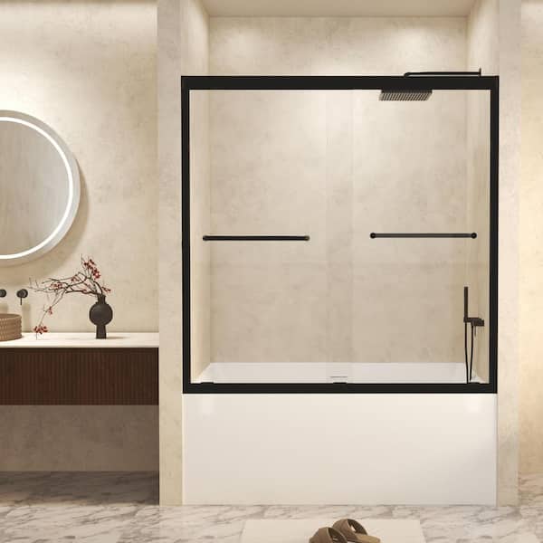 56-60 in. W x 60 in. H Sliding Framed Tub Door in Matte Black Finish with Clear Tempered Glass