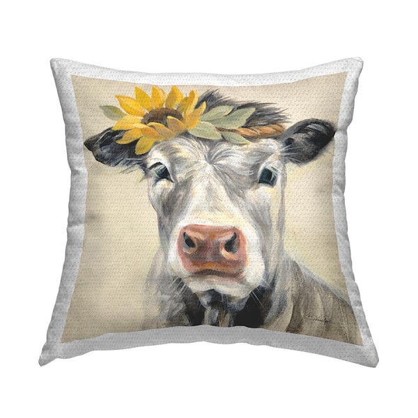 Stupell Industries Cow With Sunflower Crown Beige Square Outdoor Throw Pillow