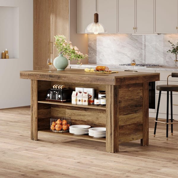 Halseey Brown Wood 55 in. Kitchen Island with Storage, Farmhouse Stationary Island Table