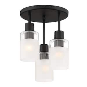 Cedar Lane 11 in. 3-Light Modern Matte Black Semi Flush Mount Ceiling Light with Clear Glass Shade