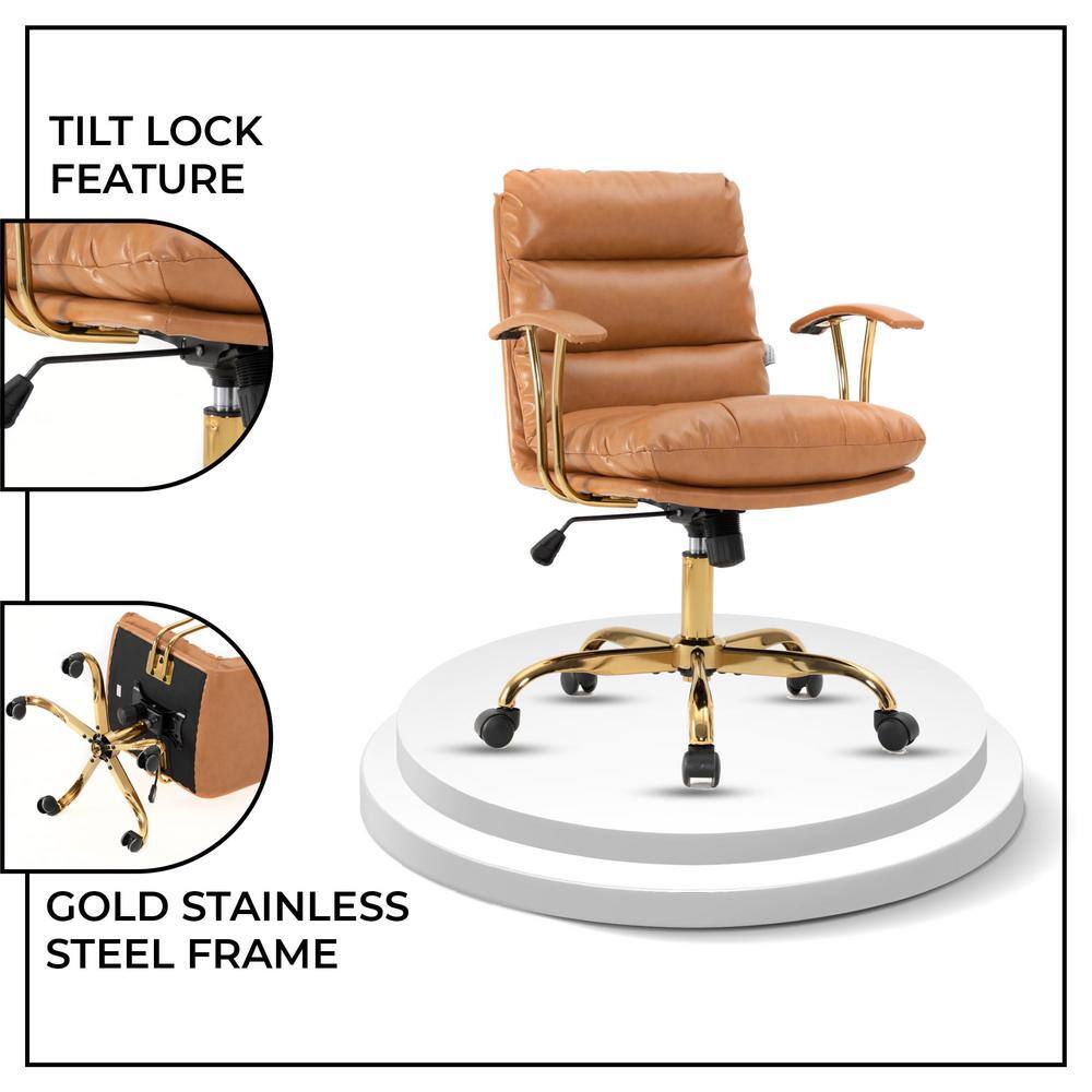 Saddle Brown Leather Swivel Executive Office Chair with Metal Base