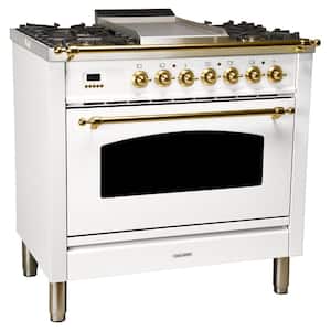 36 in. 3.55 cu. ft. Single Oven Dual Fuel Italian Range True Convection, 5 Burners, Griddle, LP Gas, Brass Trim in White