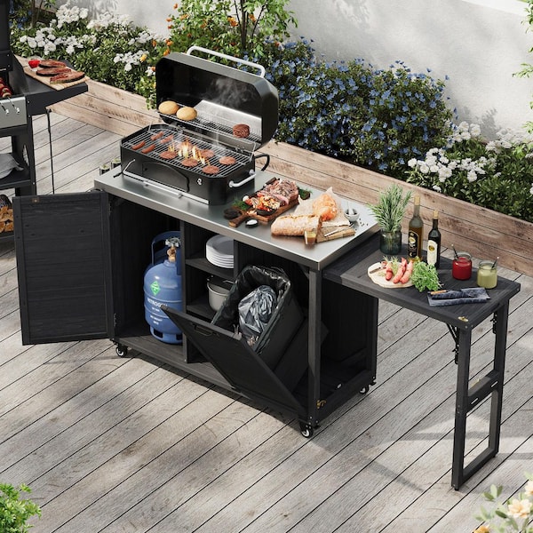 Black Stainless Steel Top Kitchen Cart with Extendable Dining Table, Trash Can, OutDoor Grill Cart