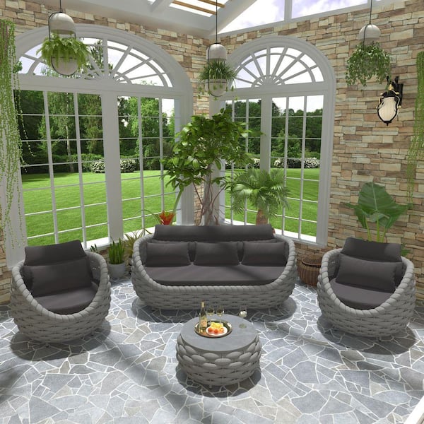 Gray Aluminum 4 Piece Woven Rope Patio Outdoor Sectional Sofa Set Three-seater Sofa with Drak Gray Cushions
