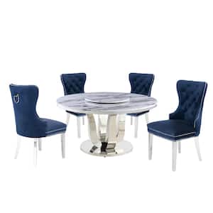 Gina 6-Piece Marble Top W/Lazy Susan Stainless Steel Base Table Set, 4 Navy Blue Velvet Chair W/Nail Head Trim&Back Ring