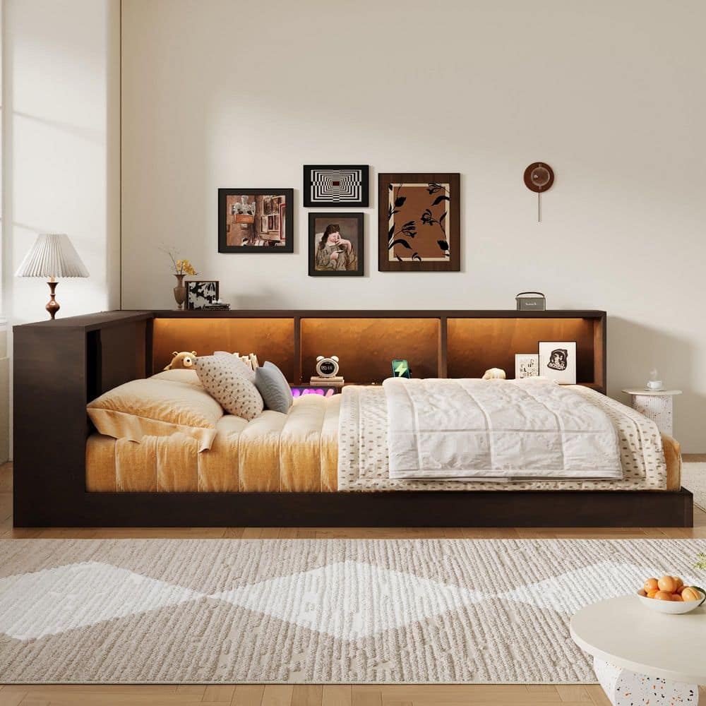 Brown Pine Wood Frame Queen Platform Bed with Storage Shelves, USB and LED price history on PriceWatchPro
