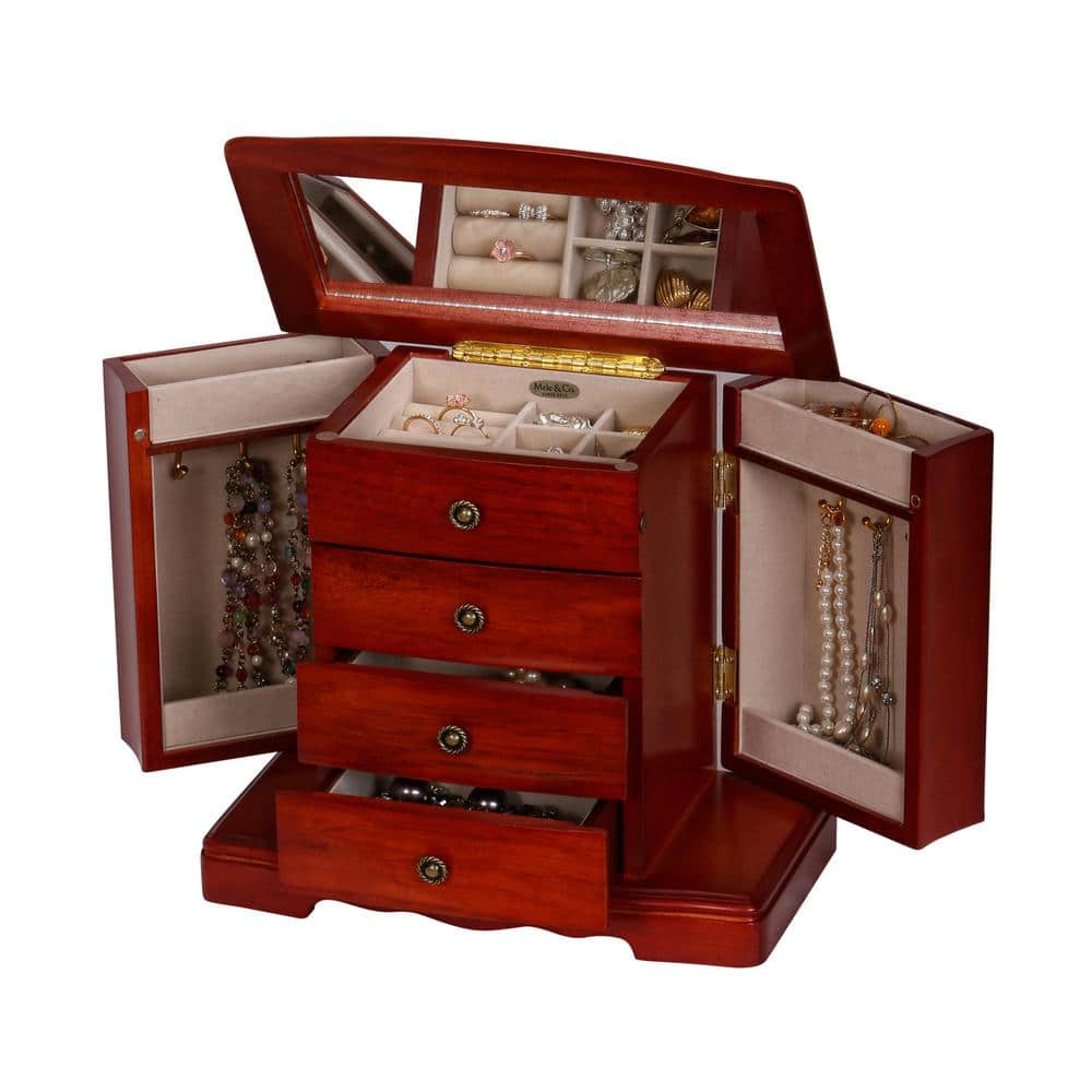 Cherry Finish Wooden Musical Jewelry Box with 3 Drawers