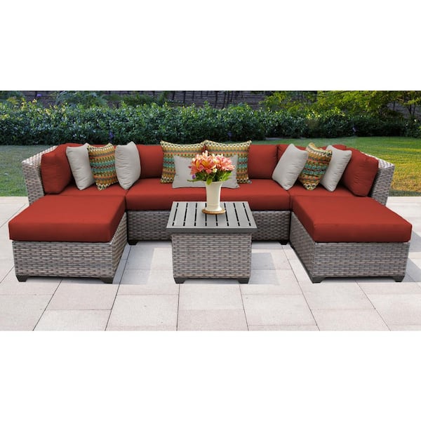 TK CLASSICS Florence 7-Piece Wicker Outdoor Sectional Seating Group with Terracotta Red Cushions