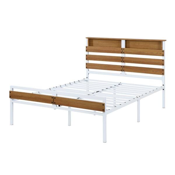 White Metal Platform Bed Frame, Full Size Metal Platform Bed Frame With Wooden Headboard Vintage Style