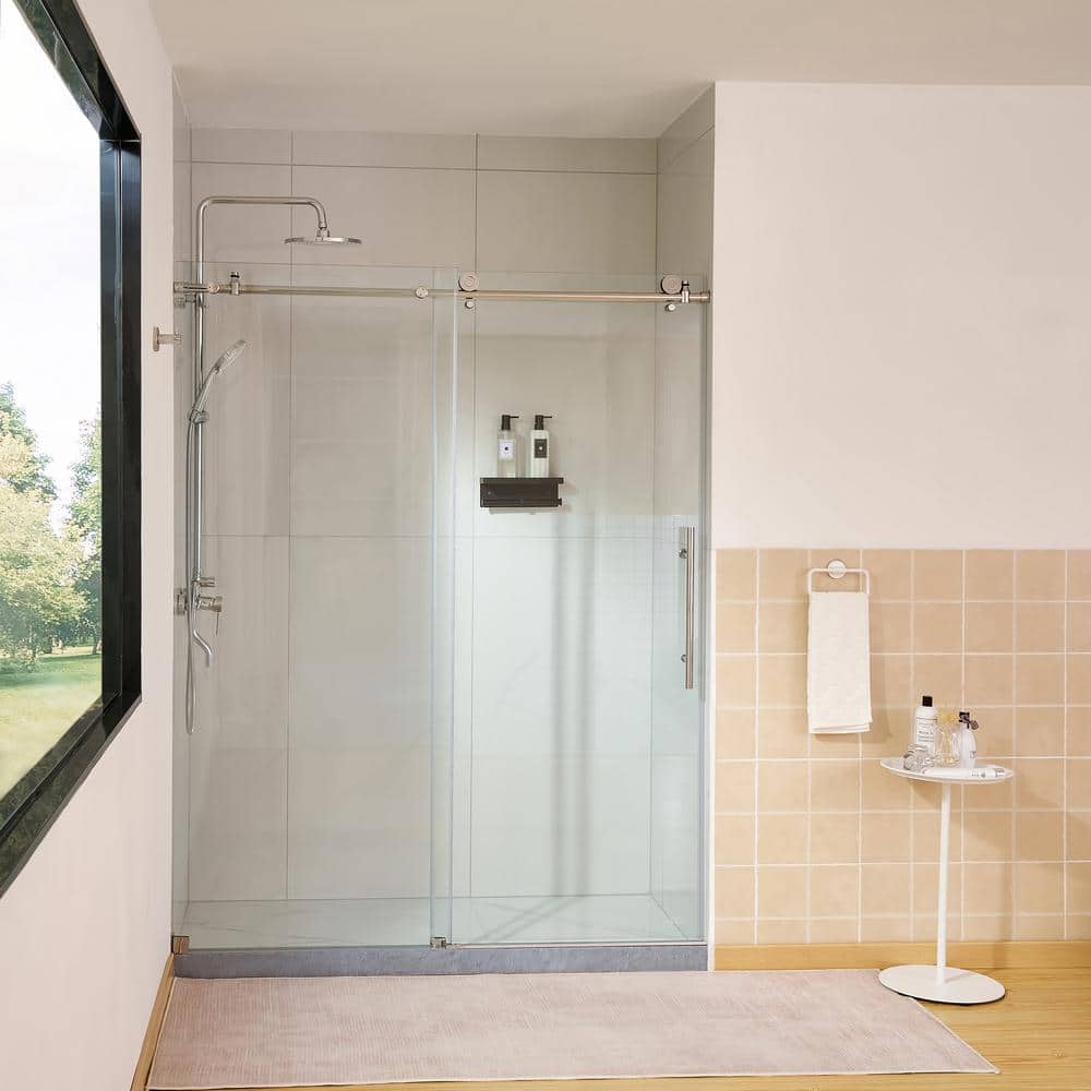 76" x 60" Frameless Sliding Shower Door with Clear Tempered Glass and Chrome Finish