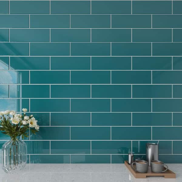 Giorbello Dark Teal 4 in. x 12 in. x 8mm Glass Subway Tile (5 sq. ft./Case)