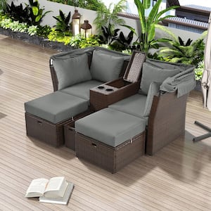 Brown Wicker Outdoor Patio Day Bed with Gray Cushions, Foldable Awning, Cup Holders and Storage Box