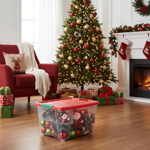 IRIS 32 qt. Holiday Storage Buckled Clear Box, Clear Body with Red
