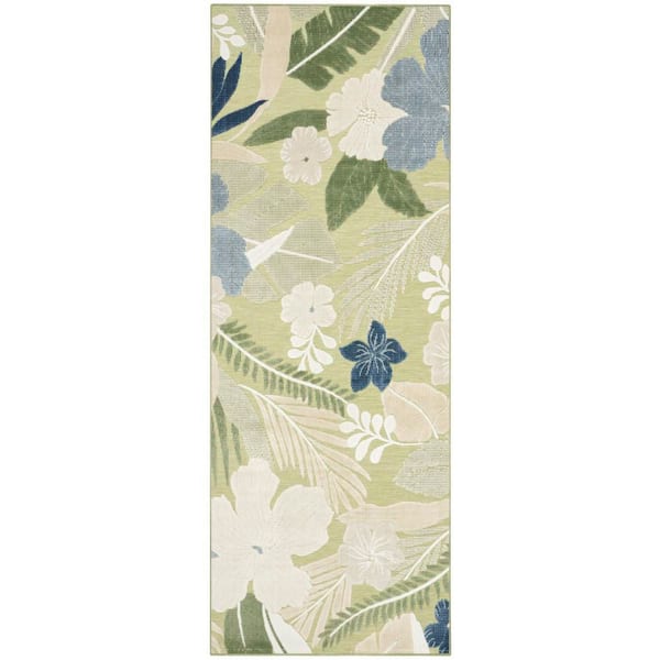 Suncoast 2 ft. x 6 ft. Green Blue Floral Contemporary Runner Area Rug