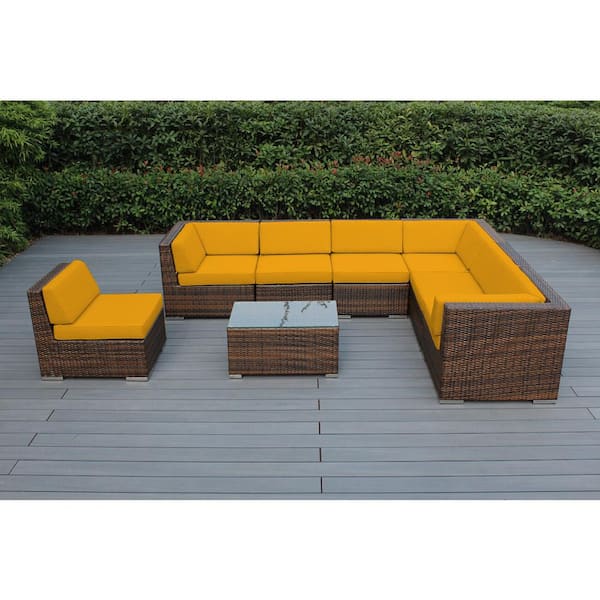 Ohana Depot Ohana Mixed Brown 8-Piece Wicker Patio Seating Set with Sunbrella Sunflower Yellow Cushions