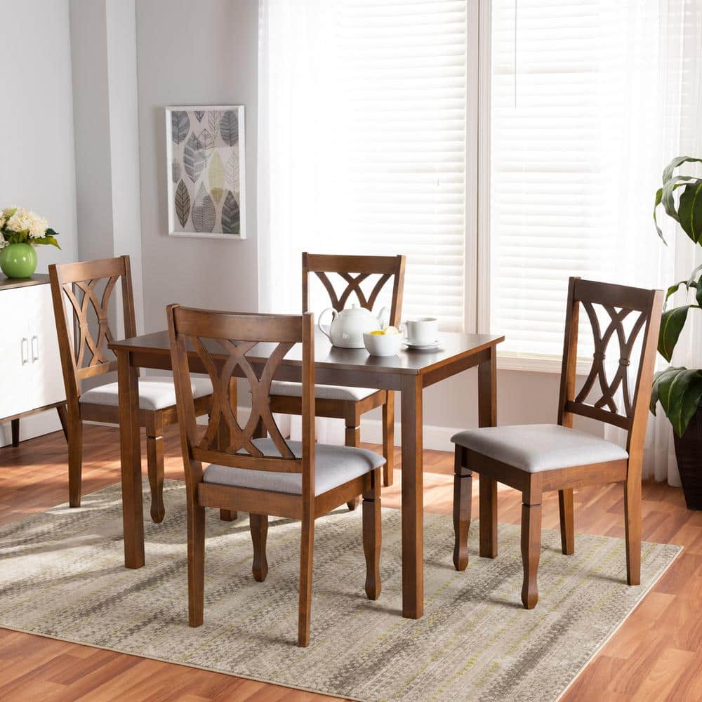 Walnut Brown and Grey Fabric 5-Piece Dining Set