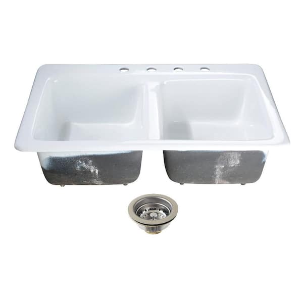 Petra Galley 33 in. Drop-In 50/50 Double Bowl Cast Iron Kitchen Sink with Basket Strainer