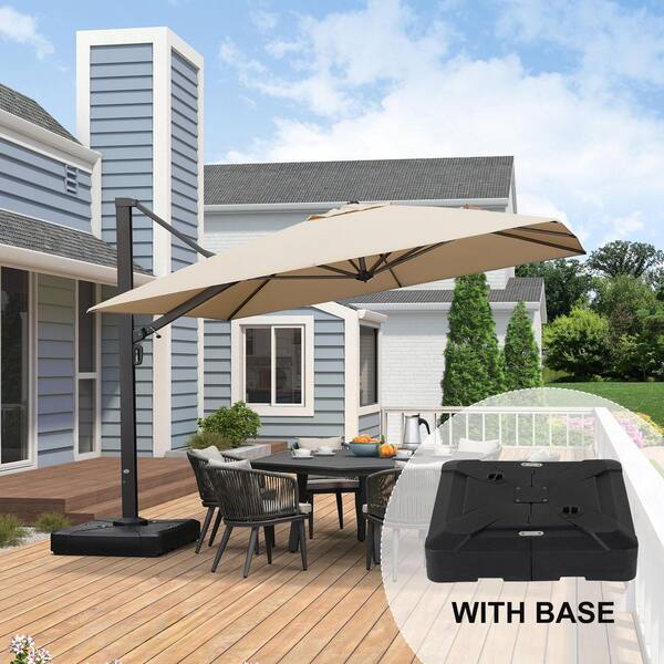 11 ft. Square Large Outdoor Aluminum Cantilever 360-Degree Rotation Patio Umbrella with Base, Beige