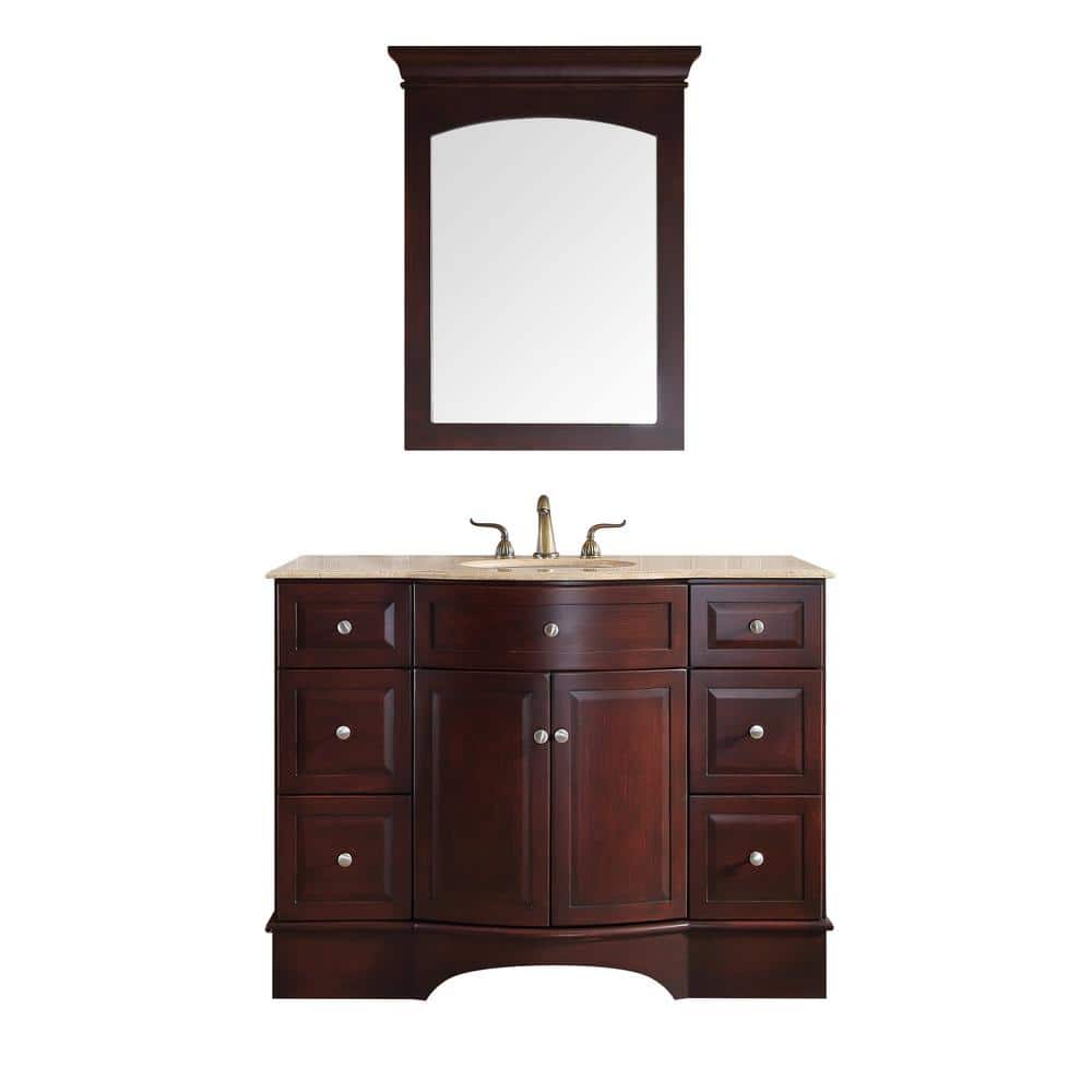 stufurhome Grant 48 in. W x 22 in. D x 36 in. H Single Sink Bath Vanity in Dark Cherry with Travertine Marble Top and Mirror -  RA-6123B-48-TR