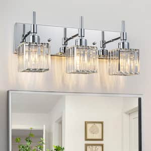 19.3 in. 3 Lights Chrome Dimmable Bathroom Vanity Light with Crystal Shades