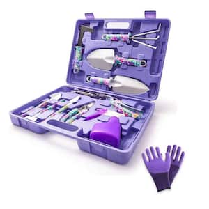 11-Piece Garden Tool Set with Purple Floral Print, Ergonomic Handle Garden Hand Tools with Carrying Case