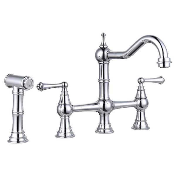 Brass 8 in. Double Handle Bridge Kitchen Faucet with Brass Valve, Side Sprayer and Supply Lines in Polished Chrome