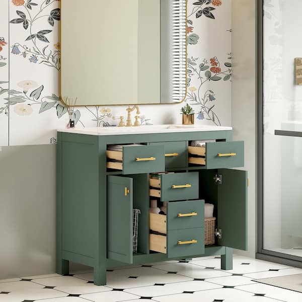 36 in. Freestanding Single Sink Green Bath Vanity with White Ceramic Top