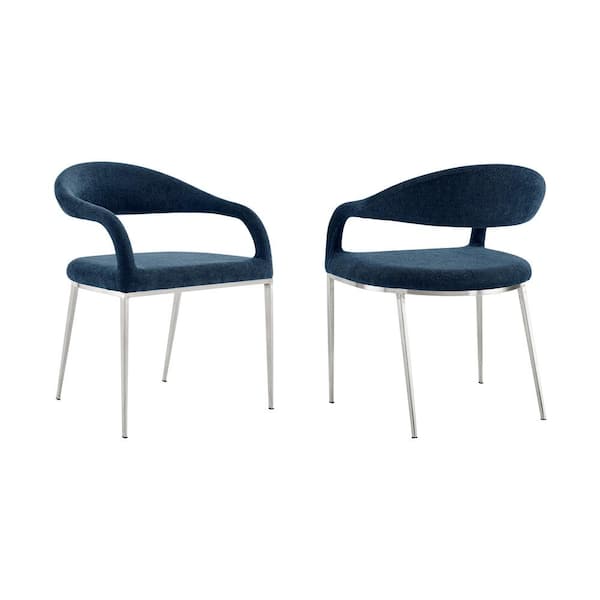 Armen Living Morgan Blue and Brushed Stainless Steel Fabric Dining Chair Set of 2