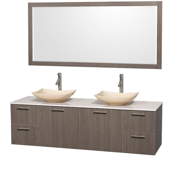 Wyndham Collection Amare 72 in. Double Vanity in Gray Oak with Solid-Surface Vanity Top in White, Marble Sinks and 70 in. Mirror