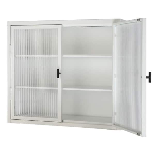 Adrinfly 27.60 in. L x 9.10 in. H x 23.60 in. W Double Glass Door Assembled Wall Cabinet with Detachable Shelves in White