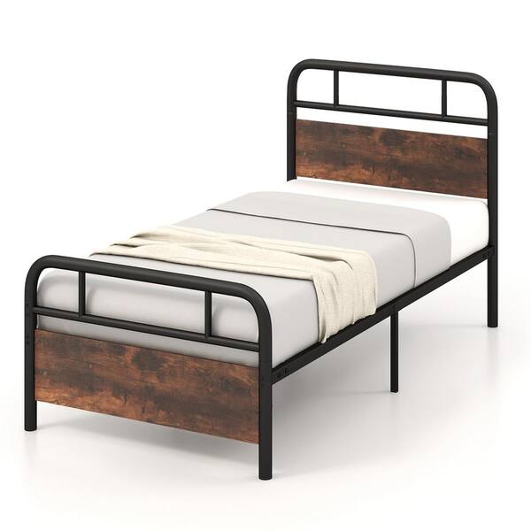 Costway Brown Metal Frame Twin Size Platform Bed Frame Industrial Headboard Mattress Foundation