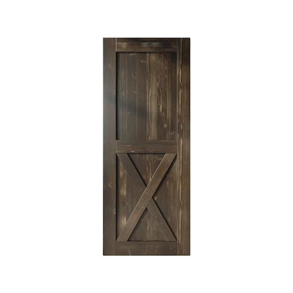 HOMACER 32 in. x 84 in. X-Frame Ebony Solid Natural Pine Wood Panel Interior Sliding Barn Door Slab with Frame