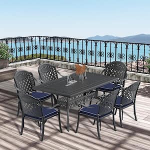 Isabella 7-Piece Cast Aluminum Outdoor Dining Set with 59.05 in. x 35.43 in. Rectangular Table and Random Color Cushions