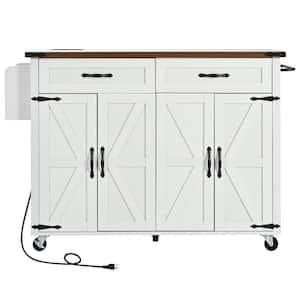 53 in. White Wood Kitchen Cart with Power Outlet, Kitchen Storage Island with Drop Leaf, Spice Rack and Drawer