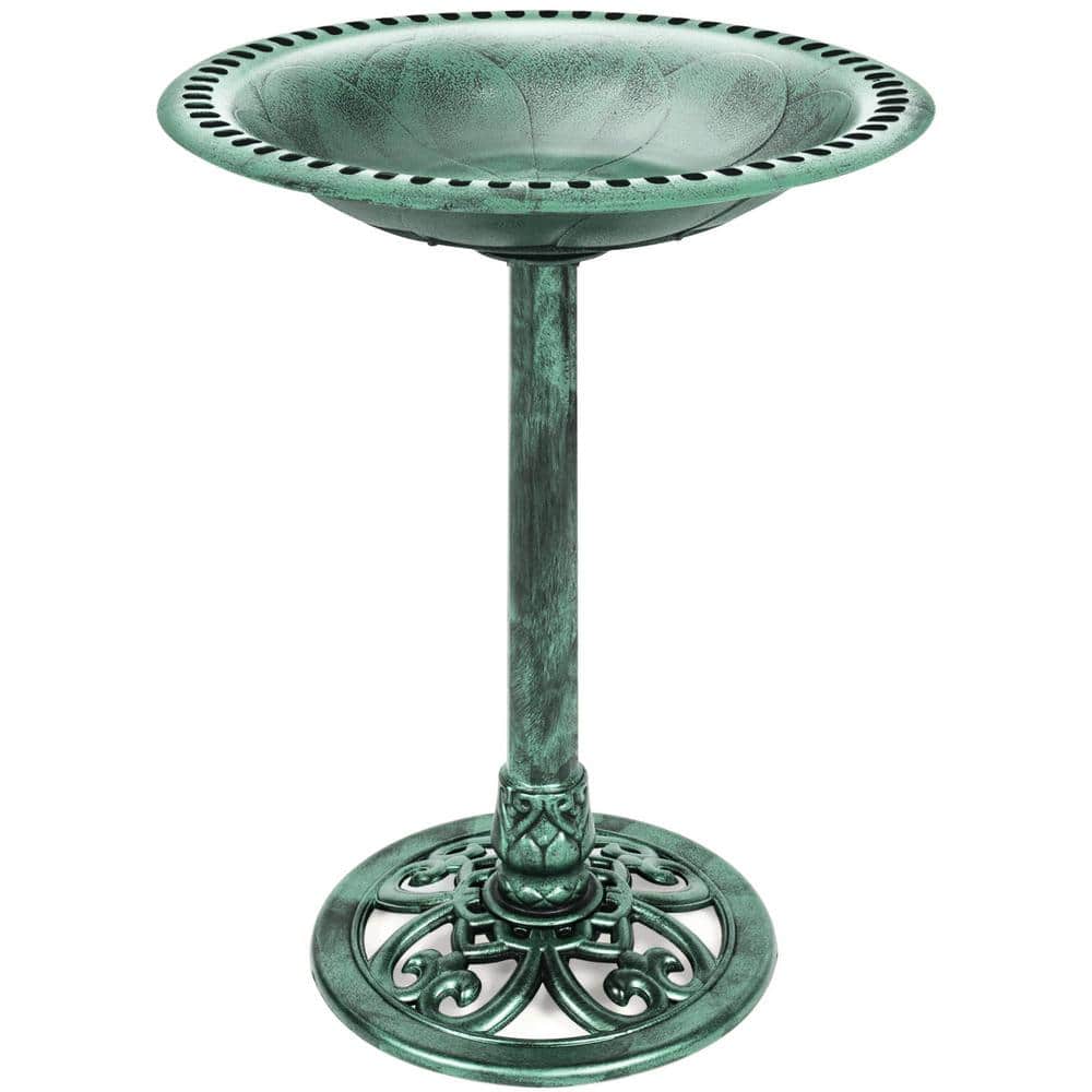 28 in. Tall Outdoor Turquoise Resin Antique Pedestal Birdbath, Vintage Outd