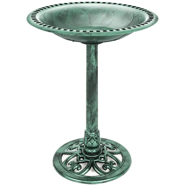 Unbranded 28 in. Tall Outdoor Turquoise Resin Antique Pedestal Birdbath, Vintage Outdoor Accent Decoration with Iris-Mint Green