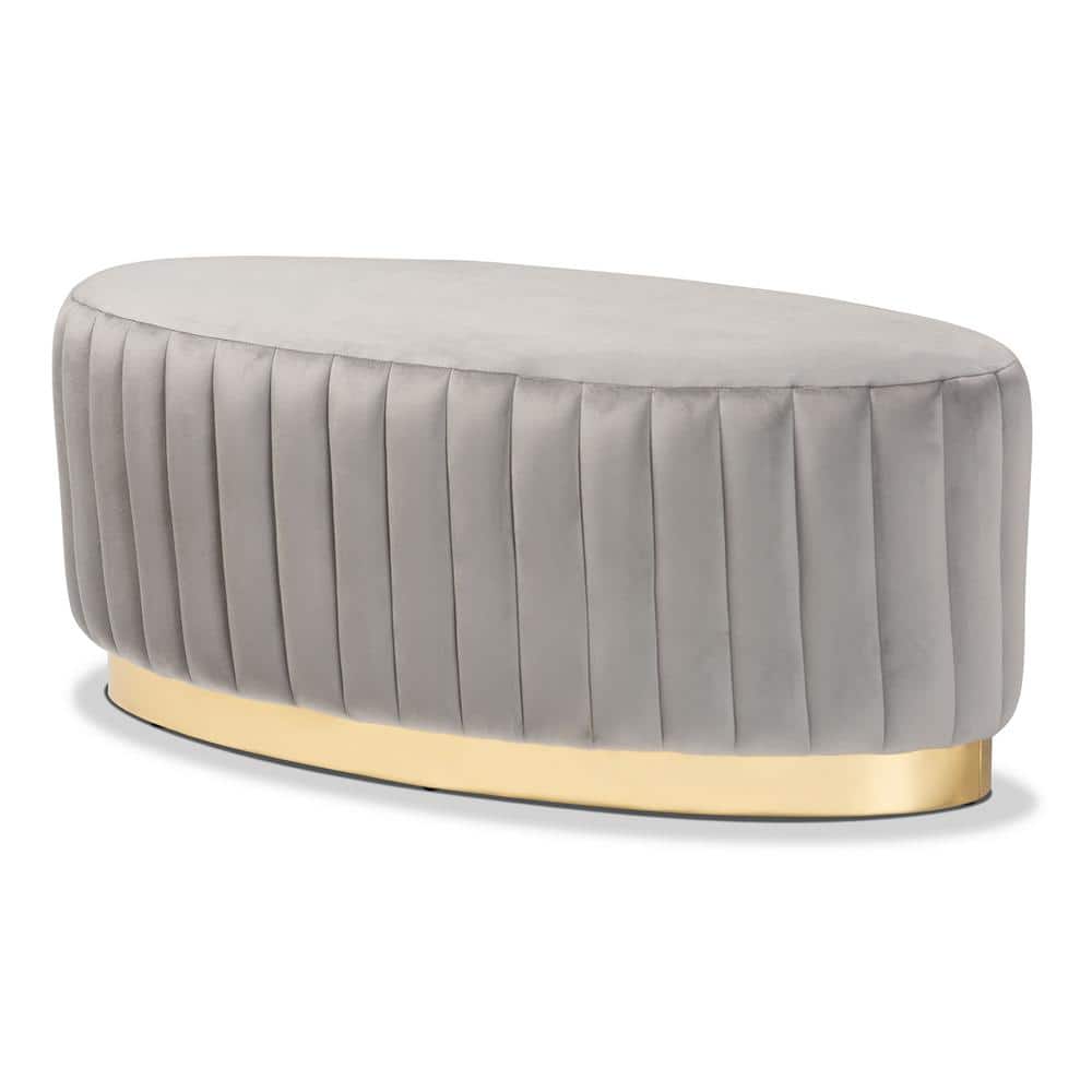 Kirana Gold-Tone PU Leather and Grey Velvet Tufted Ottoman